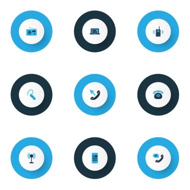 Telekomünikasyon simgeleri erişim noktası, telefon, fm ve diğer bluetooth kulaklık ögelerine sahip renkli simgeler. İzole edilmiş illüstrasyon telekomünikasyon simgeleri.