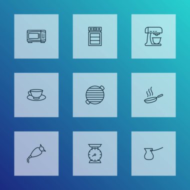 Yemek pişirme simgeleri dizisi, bbq, mikrodalga fırın, çay fincanı ve diğer elektrikli fırın elementleriyle. İzole resimli yemek pişirme simgeleri.