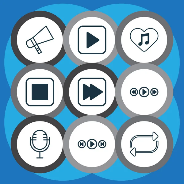 Audio icons set with megaphone, favorite tune, media player and other mike elements. Isolated illustration audio icons.