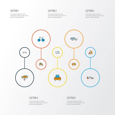Araç simgeleri bisiklet, karavan, gemi ve diğer araç parçalarıyla renklendirildi. İzole vektör illüstrasyon araç simgeleri.
