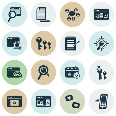 Yorumlar, arama içeriği, viral pazarlama ve diğer güvenlik unsurları içeren iş simgeleri. İzole vektör illüstrasyon iş simgeleri.