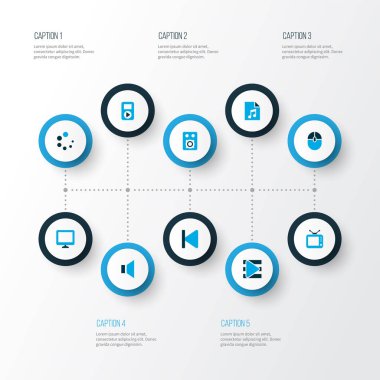Ortam simgeleri ekran, yükleme, yükseltici ve diğer hoparlör ögeleriyle renklendirildi. İzole vektör illüstrasyon ortam simgeleri.
