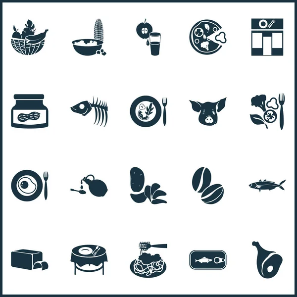 Conjunto de iconos nutricionales con jamón, lata de atún, cerdo y otros elementos alimenticios saludables. Iconos de nutrición de ilustración vectorial aislada . — Archivo Imágenes Vectoriales