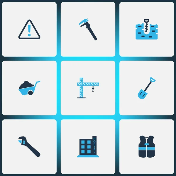 Construction icons colored set with caution, boer, construction wheelbarrow and other plumber elements. Isolated vector illustration construction icons. — Stock Vector