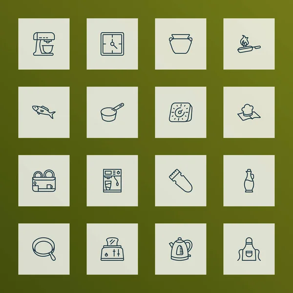 Iconos de gastronomía estilo de línea con libro de recetas, olla de barro, secadora de platos y otros elementos de la olla. Iconos de gastronomía de ilustración vectorial aislada . — Archivo Imágenes Vectoriales