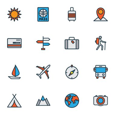 Seyahat simgeleri otobüs, bagaj valizi, uçak ve diğer otobus unsurlarıyla birlikte ayarlandı. İzole edilmiş çizim seyahat simgeleri.
