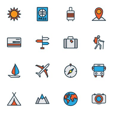 Seyahat simgeleri otobüs, bagaj valizi, uçak ve diğer otobus unsurlarıyla birlikte ayarlandı. İzole vektör çizimi seyahat simgeleri.