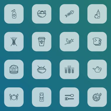 Havyar, ketçap, ızgara balık ve diğer sağlıklı besin maddeleriyle birlikte yemek ikonları dizisi. İzole edilmiş resimli yemek simgeleri.