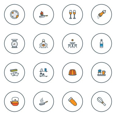 Pişirme ikonları, pişirme kağıdı, puding, mutfak masası ve diğer pişirme elementleriyle renklendiriliyor. İzole resimli yemek pişirme simgeleri.