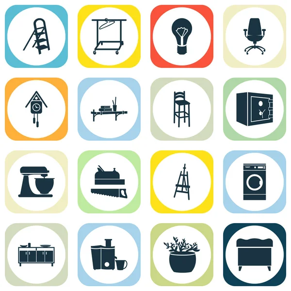 Lakás ikonok készlet mosógép, villanykörte, faliregál és egyéb mosodai elemek. Izolált illusztrációs lakhatási ikonok. — Stock Fotó
