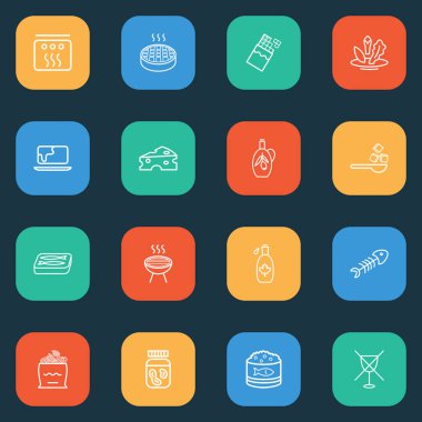 Beslenme simgeleri çikolata, havyar, şeker ve diğer vejetaryen elementlerle aynı hizada. İzole vektör illüstrasyon beslenme simgeleri.