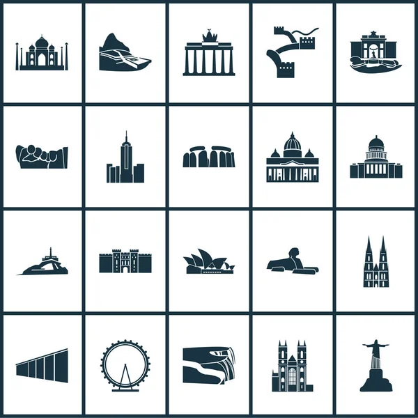 Toerisme iconen set met stenen, Berlijnse muur, brandenburg poort architectuur elementen. Geïsoleerde vector illustratie toerisme iconen. — Stockvector