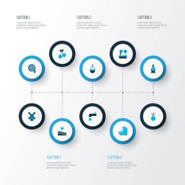 Ev bitkisi, hortum, ölçek ve diğer elf elementleriyle renklendirilmiş bahçe simgeleri. İzole edilmiş illüstrasyon bahçe simgeleri.
