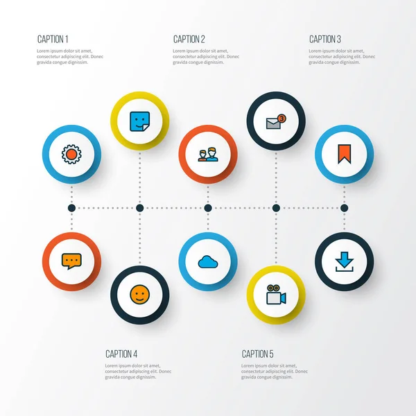 Netzwerk-Symbole farbige Linie mit Aufkleber, Download, Benachrichtigung und anderen bewölkten Elementen gesetzt. isolierte Illustration Netzwerk-Symbole. — Stockfoto