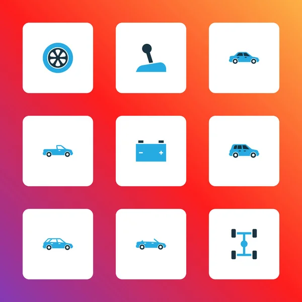 자동차의 아이콘은 휠베이스, 마차, 모자, 그리고 다른 차체 요소들로 구성되어 있다. 외딴곳의 자동차 아이콘. — 스톡 사진