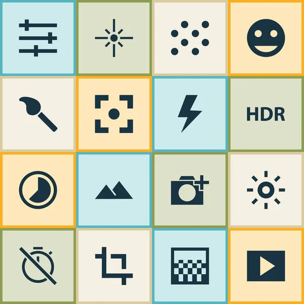 Picture icons set with slideshow, capture, flare and other filtration elements. Isolated illustration picture icons.