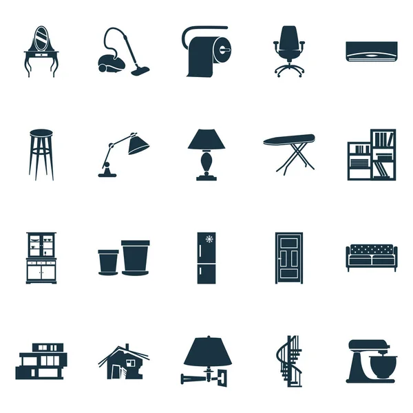 Domovní ikony s regálovou jednotkou, kruhovým schodištěm, lampou a dalšími ergonomickými prvky křesla. Izolované ikony ilustračního domu. — Stock fotografie