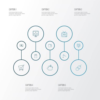 Alışveriş sitesi, alışveriş arabası, cüzdan ve diğer domuz kumbaraları ile e-ticaret simgeleri dizisi. İzole edilmiş illüstrasyon e-ticaret simgeleri.