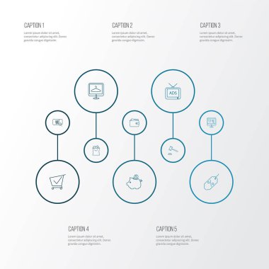 Alışveriş sitesi, alışveriş arabası, cüzdan ve diğer domuz kumbaraları ile e-ticaret simgeleri dizisi. İzole vektör illüstrasyon e-ticaret simgeleri.