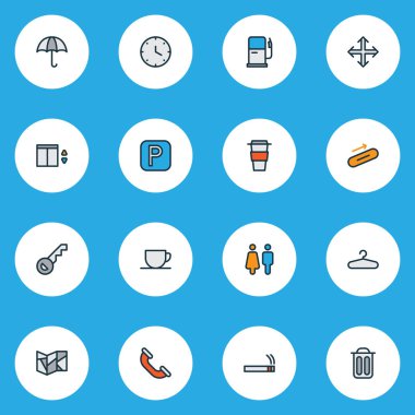 Navigasyon simgeleri tuvalet, navigasyon, kahve ve diğer içecek elementleriyle birlikte ayarlandı. İzole vektör gösterim simgeleri.