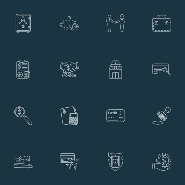 Ticari simgeler çizgisi, kredi puanı, evrak çantası, pul ve diğer plastik kart unsurlarıyla ayarlandı. İzole vektör illüstrasyon ticaret simgeleri.