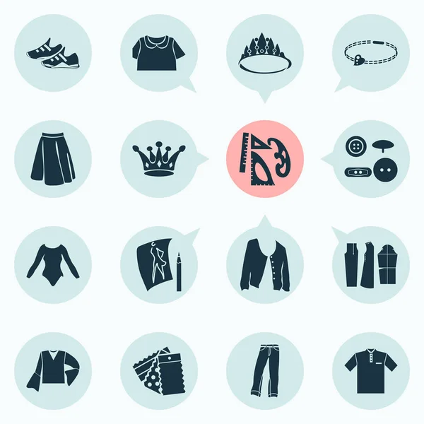 Style icons set with rulers, buttons, apparel and other mid length skirt elements. Isolated vector illustration style icons. — Stock Vector
