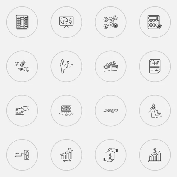 Kommerz-Symbole Linie Stil mit Karte, finanzielle Zinsen, Hypothekendarlehen und andere Diagrammelemente gesetzt. Isolierte Vektor Illustration Kommerz-Symbole. — Stockvektor