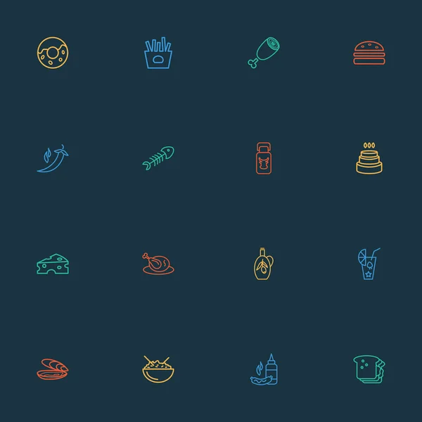 Iconos de comida estilo línea con papas fritas, batido, jamón y otros elementos de queso. Iconos de alimentos de ilustración vectorial aislado . — Archivo Imágenes Vectoriales