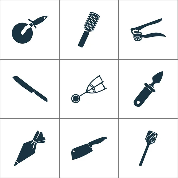 Konyhai eszközök ikonok készlet osztrigakés, konyhai eszközök, fa spatula és egyéb reszelő elemek. Izolált vektor illusztráció konyhai eszközök ikonjai. — Stock Vector