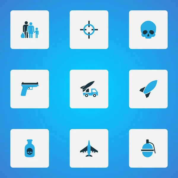 Bojové ikony barevné set s uprchlíky, dynamit, bomba a další cílové prvky. Izolované vektorové ilustrace bojové ikony. — Stockový vektor