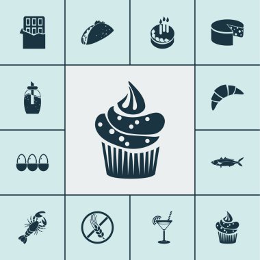 Yumurta, kek, kruvasan ve diğer deniz ürünleri içeren yemek ikonları. İzole edilmiş resimli yemek simgeleri.