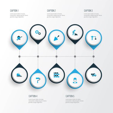 Mimarlık simgeleri boya silindiri, inşaat işi, el arabası ve diğer işçi unsurlarıyla renklendirilmiş. İzole edilmiş illüstrasyon mimari simgeleri.