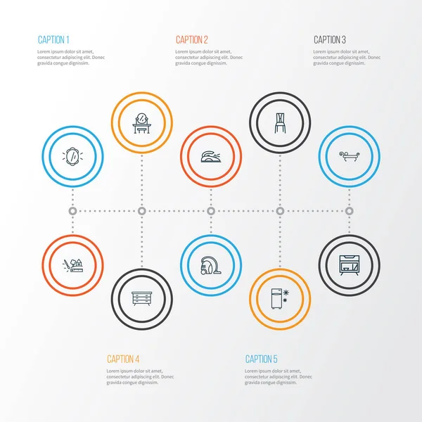 Otthoni dekoráció ikonok vonal stílus készlet éjjeliszekrény, komód, öltözőasztal és egyéb fagyasztó elemek. Elszigetelt illusztráció lakberendezési ikonok. — Stock Fotó