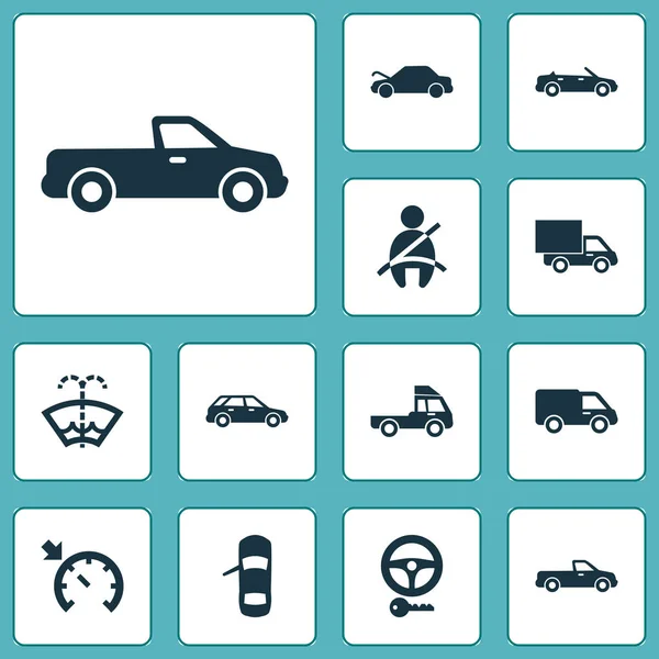 Automobiele pictogrammen ingesteld met vrachtwagen, veiligheidsgordel niet aan, pick-up en andere auto-elementen. Geïsoleerde illustratie auto pictogrammen. — Stockfoto