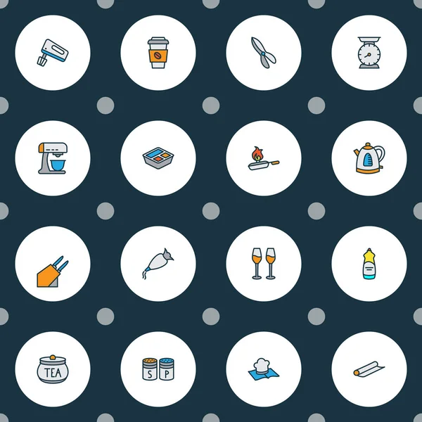 Cook icons colored line set with wine glasses, electric kettle, hand mixer saltshaker elements. Isolated illustration cook icons. — 스톡 사진