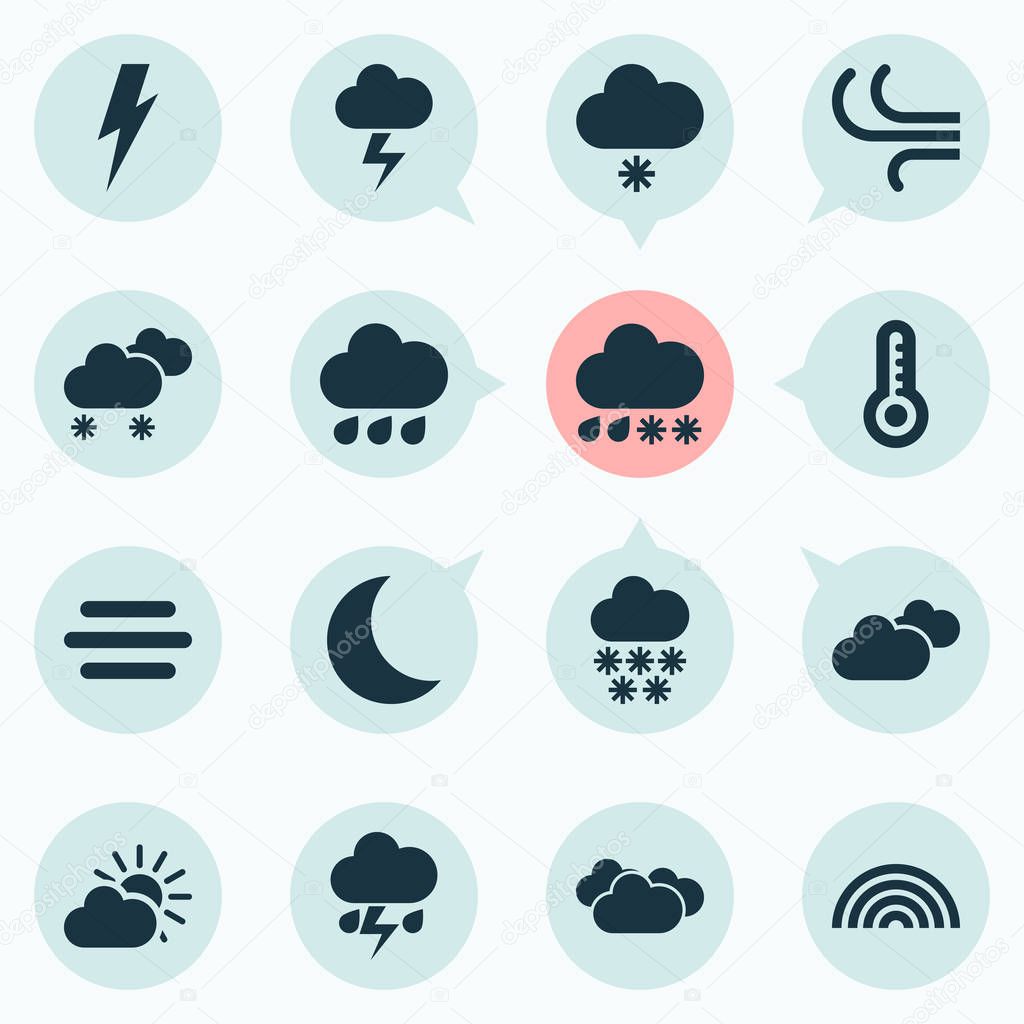 Weather icons set with snowfall, night, partly cloudy and other flash elements. Isolated illustration weather icons.