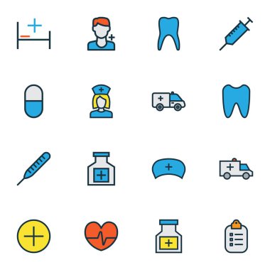 Uyuşturucu simgeleri, nabız, sağlık çalışanı, tıbbi kapsül ve diğer klinik unsurlarıyla birlikte ayarlandı. İzole vektör illüstrasyon ilaç simgeleri.