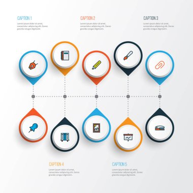 Araç simgeleri klips, keçeli kalem, fırça ve diğer fosforlu elementlerle ayarlandı. İzole vektör illüstrasyon aracı simgeleri.