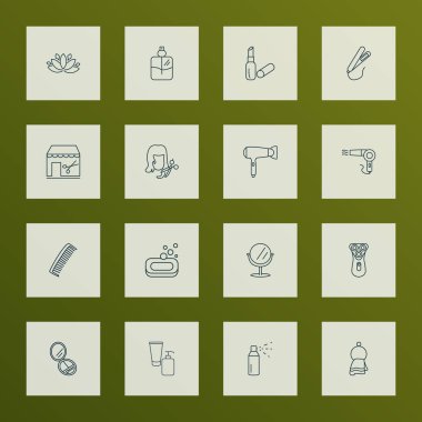 Salon simgeleri dizisi, sabun, ayna, eski saç kurutma makinesi ve diğer aerosol elementleri. İzole vektör illüstrasyon salonu simgeleri.