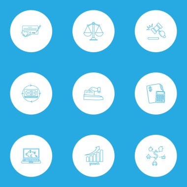 Finans simgeleri tarzı sözleşme, para akışı, hisse senedi büyümesi ve diğer finansal hesaplama unsurlarıyla belirlenir. İzole vektör illüstrasyon finans simgeleri.