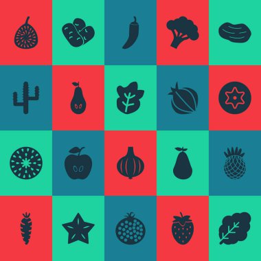 Kaktüs, havuç, armut ve diğer brokoli elementleriyle birlikte sebze ikonları. İzole edilmiş çizim sebze simgeleri.