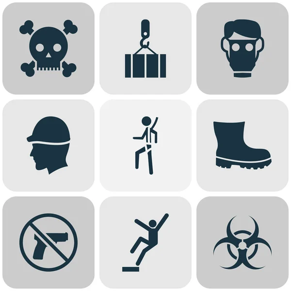 Protection icons set with downfall, forbidden, overhead crane and other footwear elements. Isolated illustration protection icons.