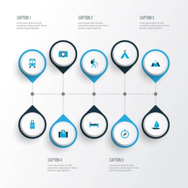 Tekne, manzara ve yatak elementleriyle renklendirilmiş keşif simgeleri. İzole edilmiş illüstrasyon keşif simgeleri.