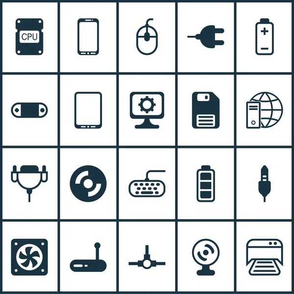 Ikony sprzętowe z kablem monitorującym, modemem, kserokopiarką i innymi elementami sterowniczymi. Izolowane ikony sprzętu do ilustracji. — Zdjęcie stockowe