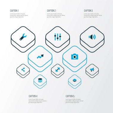 Arayüz simgeleri onarım, katman, duyuru ve diğer ağ elementleriyle renklendirildi. İzole vektör illüstrasyon arayüzü simgeleri.