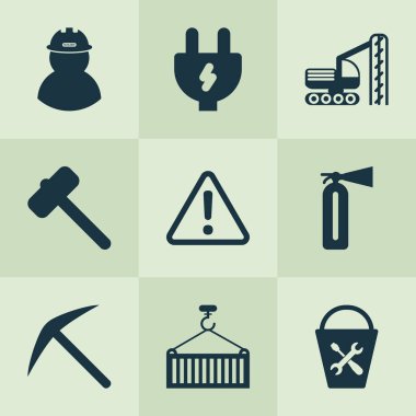 Yükleme, sondaj makinesi, dikkat ve diğer çekiç elementleriyle endüstriyel simgeler oluşturuldu. İzole vektör illüstrasyon endüstriyel simgeleri.