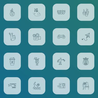 Alışveriş, kokteyl, seyahat ve diğer yüzücü unsurları ile hobi simgeleri dizisi. İzole vektör illüstrasyon hobileri.