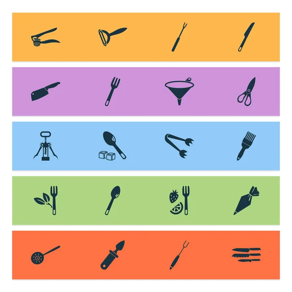 Utensil icons set with dinner knife, sugar spoon, kitchen scissors and other salad fork elements. Isolated vector illustration utensil icons. — Stock Vector