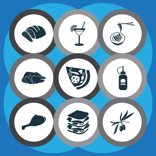 Conjunto de iconos para comer con rama de olivo, pavo, pata de pollo y otros elementos asados. Ilustración vectorial aislada comiendo iconos . — Archivo Imágenes Vectoriales