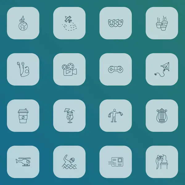 Hobby icons line style set with shopping, cocktail, travelling and other swimmer elements. Isolated vector illustration hobby icons. — 스톡 벡터